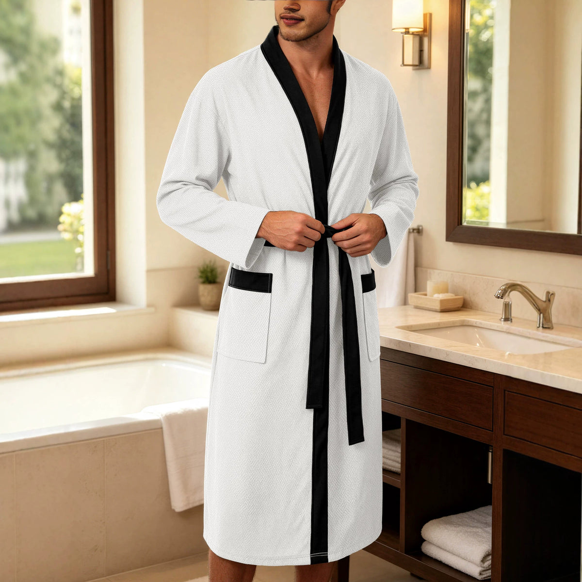 Mens Twill Terry Cloth Casual Long Robe With Two Pockets And Drawstring Tie