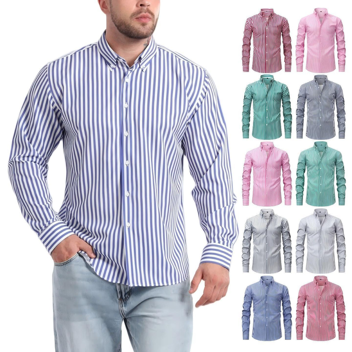 Jiachuan Cross-Border European And American Elastic Non-Iron Men's Shirt Long Sleeve Digital Print Striped Casual Fashion Shirt Men's Clothing