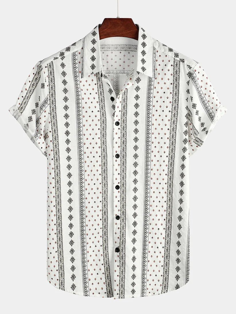 Short-sleeved Lapel-printed Loose-fitting Casual Shirt
