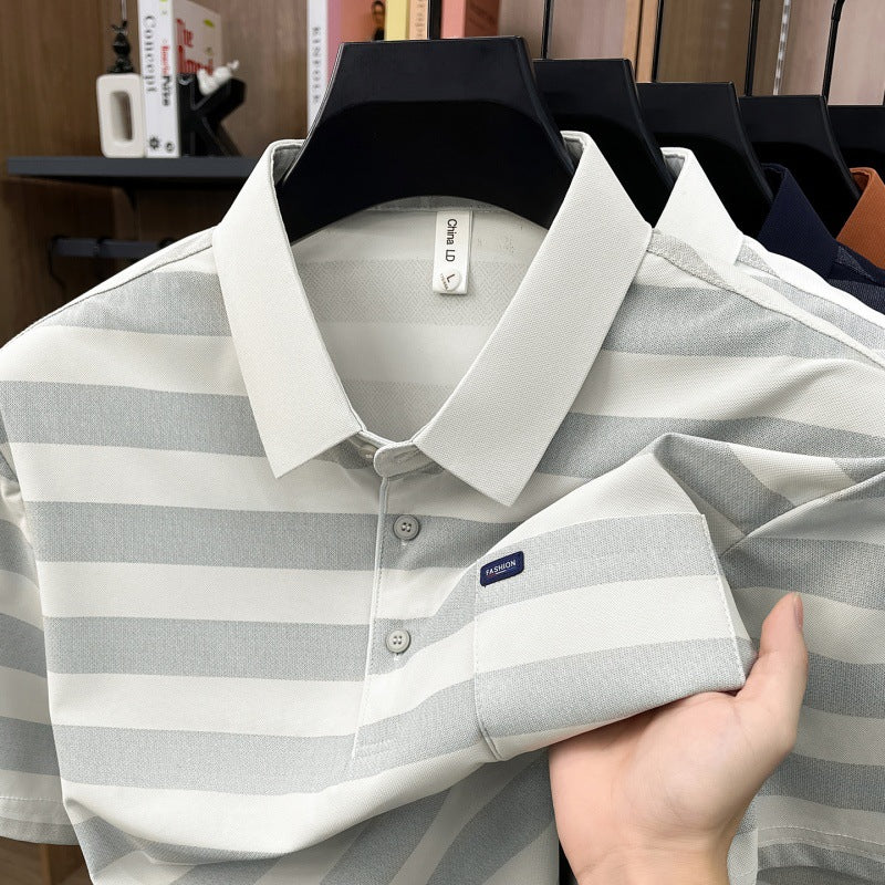 Men's Youth Striped Lapel Pocket Fashion Short Sleeve T-shirt