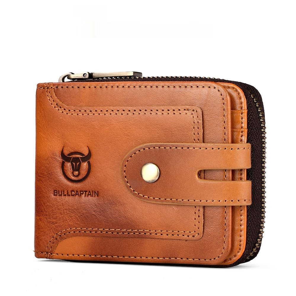 Genuine Leather Mens Multifunctional Short Zipper Wallet
