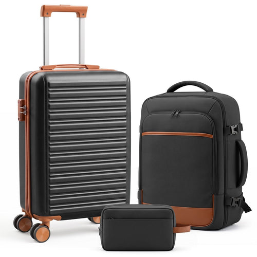 3-Piece Travel Luggage Set With Backpack, TSA Lock Hard Shell Carry On Suitcase And Travel Bag