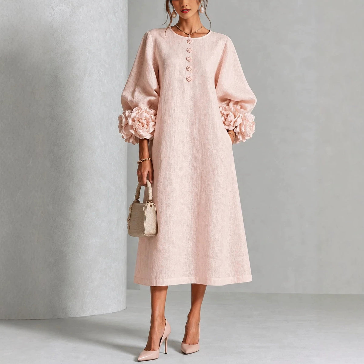 Three-dimensional Floral Dress With Puff Sleeves French-style A-line Party Wedding Dresses Women's Clothing