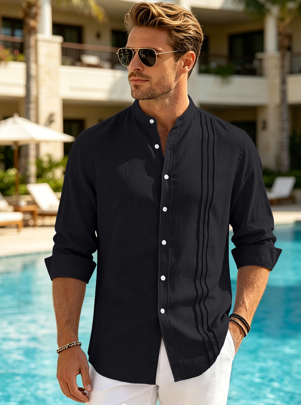Casual Mens Stand-collar Solid-color Loose-fitting Long-sleeve Cardigan