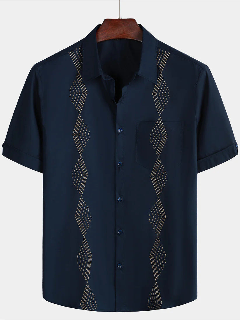 Short-sleeved Lapel-printed Loose-fitting Casual Shirt