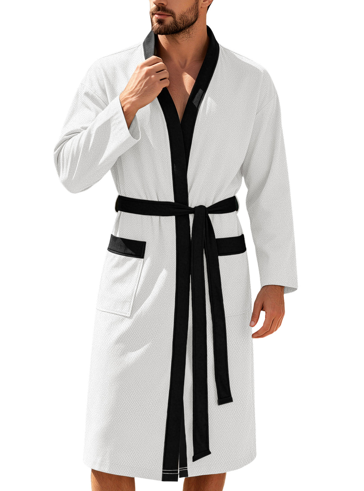 Mens Twill Terry Cloth Casual Long Robe With Two Pockets And Drawstring Tie