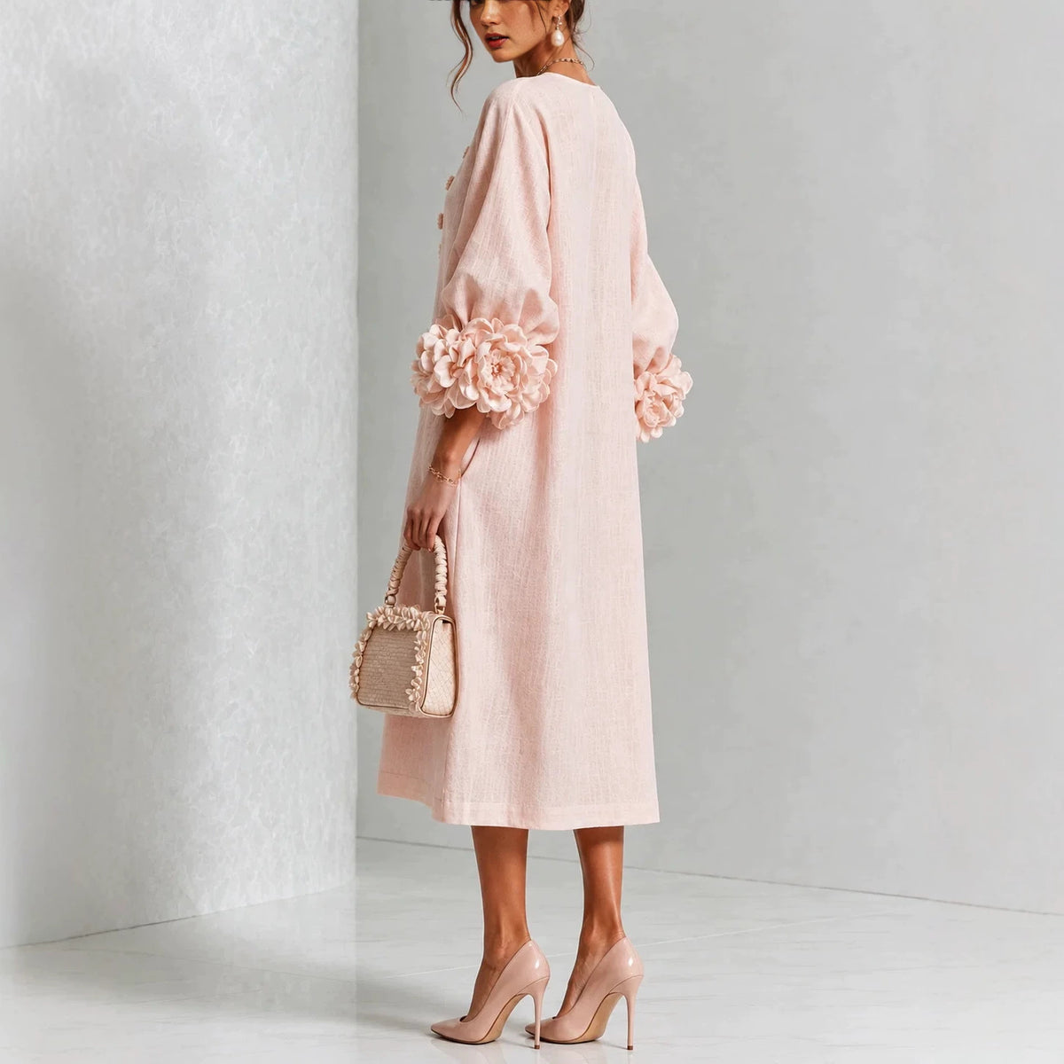 Three-dimensional Floral Dress With Puff Sleeves French-style A-line Party Wedding Dresses Women's Clothing