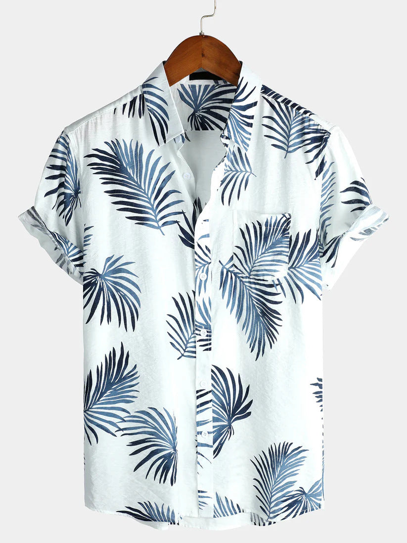Short-sleeved Lapel-printed Loose-fitting Casual Shirt