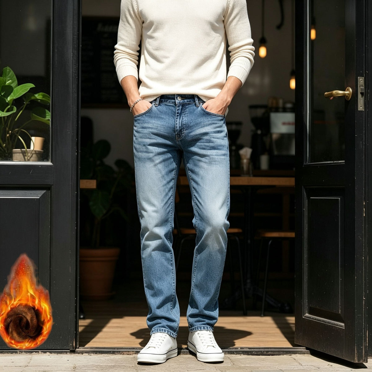 Snow Wash Fleece Lined Jeans Men Light Blue Straight Denim Pants Winter Warm US Local Inventory