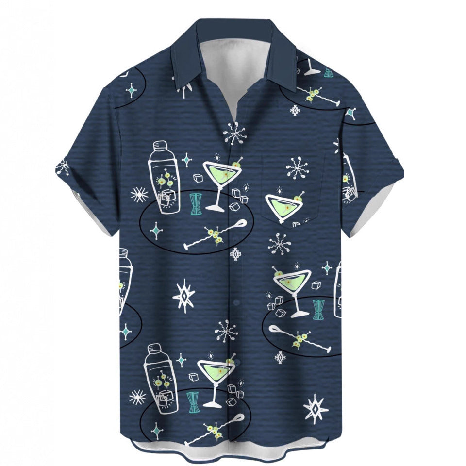 Short-sleeved Lapel-printed Loose-fitting Casual Shirt