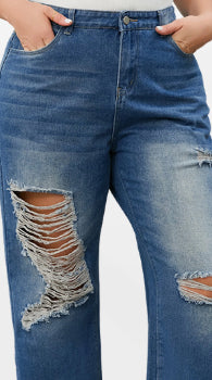Plus Size Baggy Blue Straight Leg Ripped Jeans