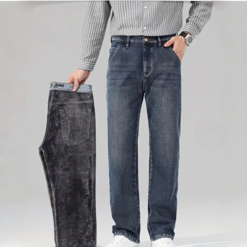 Winter Jeans Men Fleece Lined Blue Grey Relaxed Straight Denim Pants USA Warehouse Stock