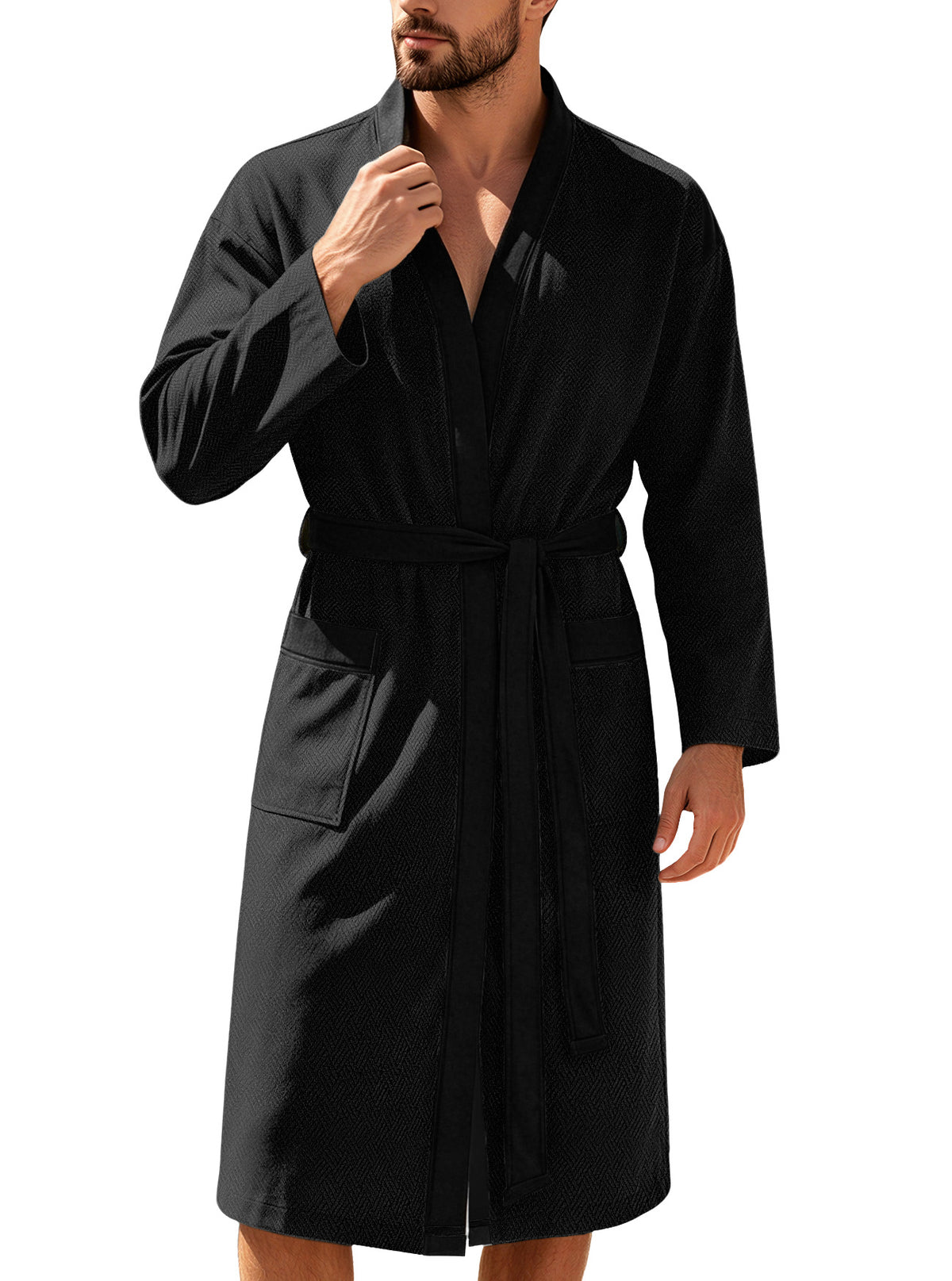 Mens Twill Terry Cloth Casual Long Robe With Two Pockets And Drawstring Tie