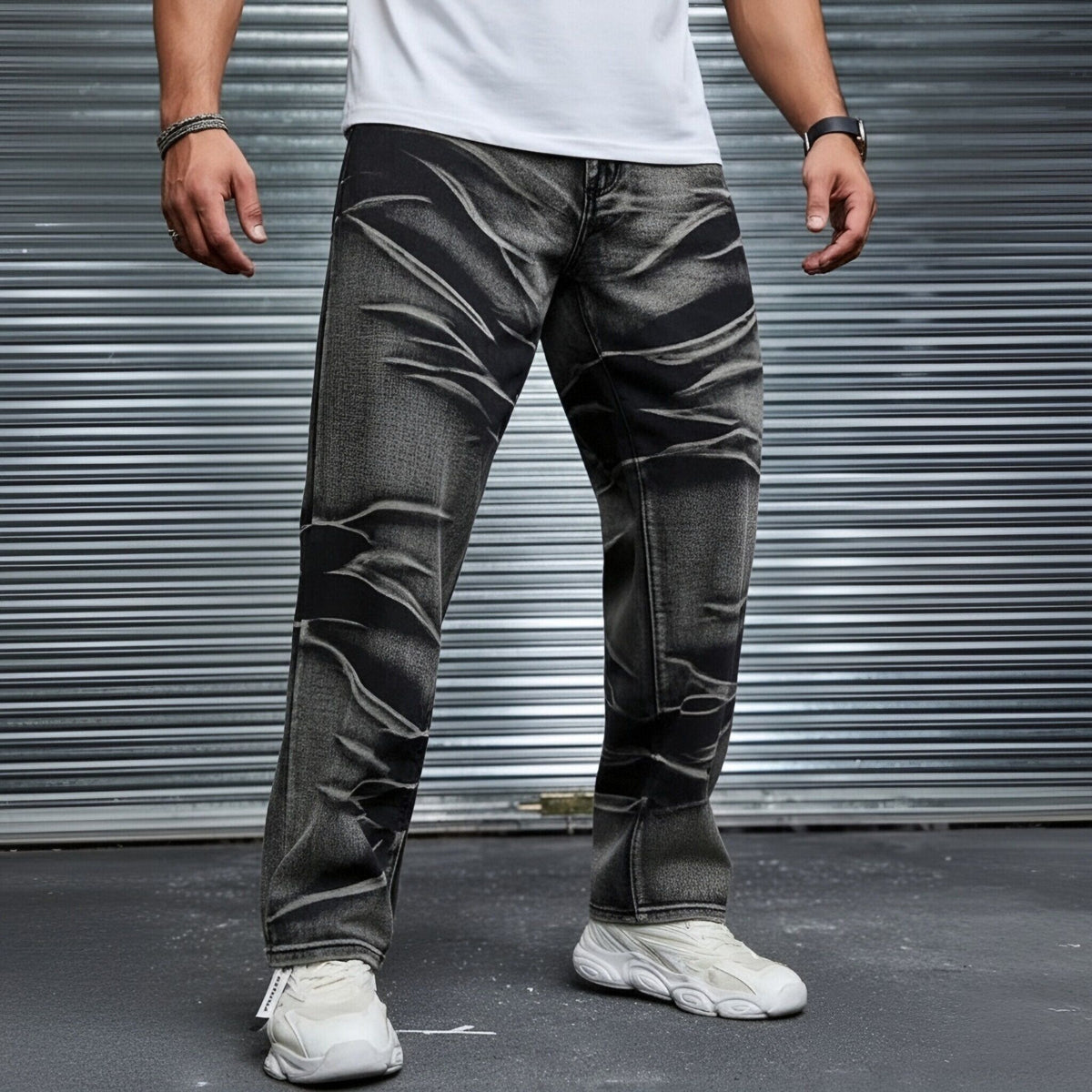 Fleece Lined Baggy Jeans Men Black Grey Whisker Wash Warm Winter Denim US Warehouse Stock