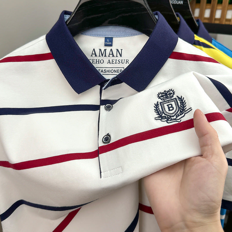 Men's Striped Short Sleeve T-Shirt with Turn-Down Collar - Casual Loose Fit Summer Top for Daily Wear
