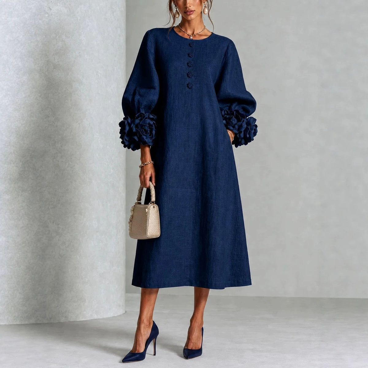 Three-dimensional Floral Dress With Puff Sleeves French-style A-line Party Wedding Dresses Women's Clothing