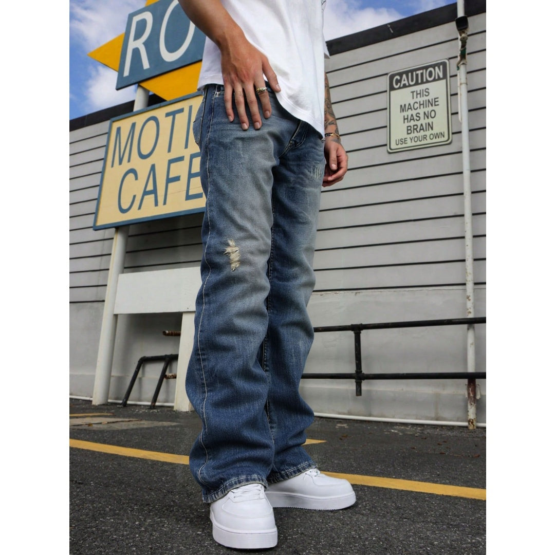 Big And Tall Men's Jeans Relaxed Straight Leg Vintage Blue Washed Plus Size Denim Pants US Warehouse