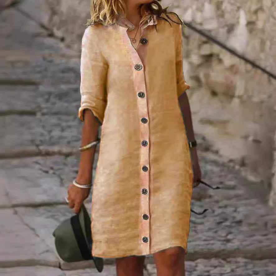 Half-sleeved Shirt Dress Summer V-neck Single-breasted Button Dresses Women's Clothing