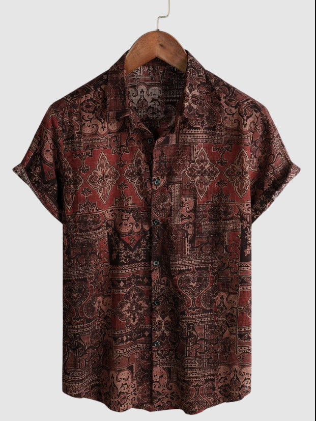 Short-sleeved Lapel-printed Loose-fitting Casual Shirt